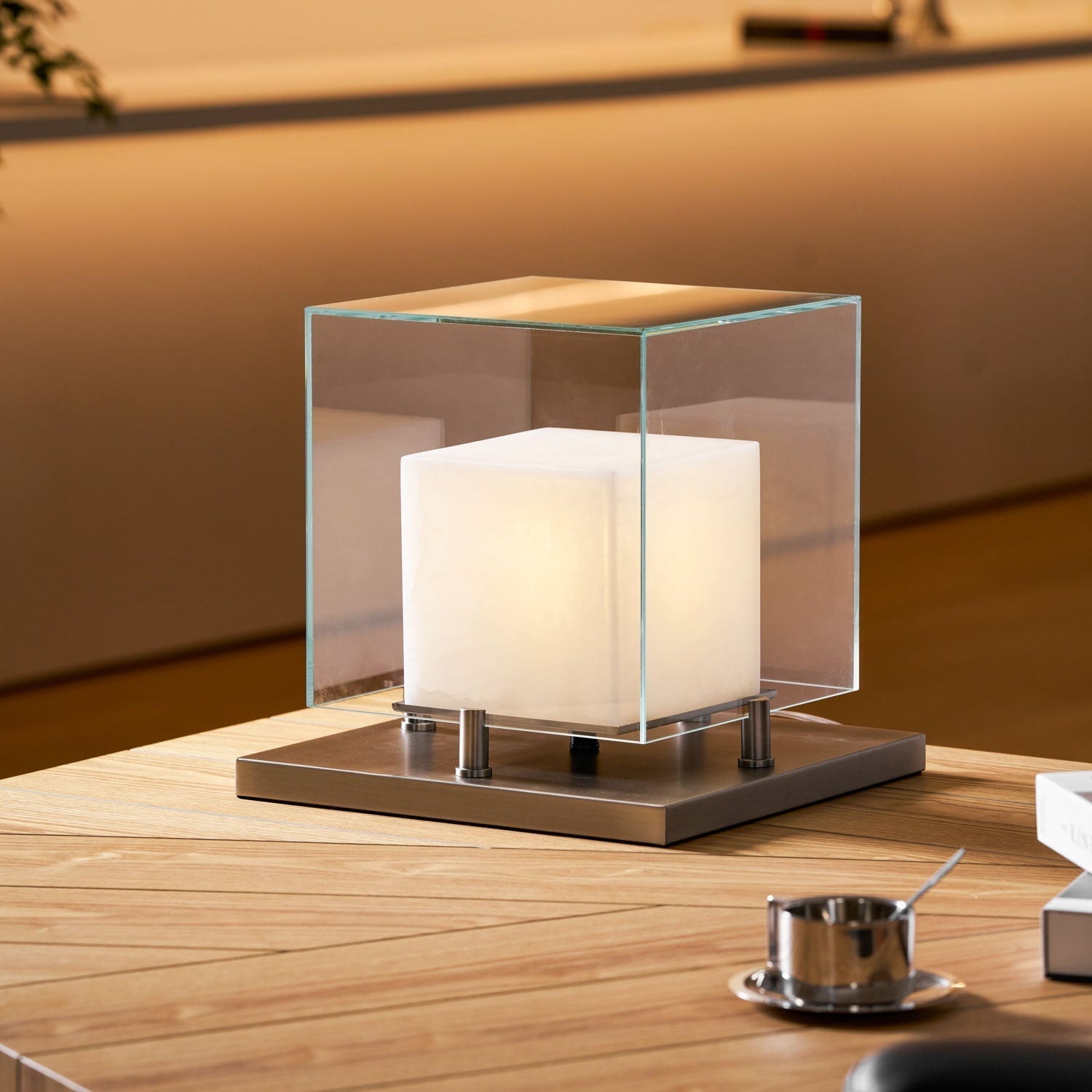 Cube Table Lamp with Glass Enclosure and Metal Base