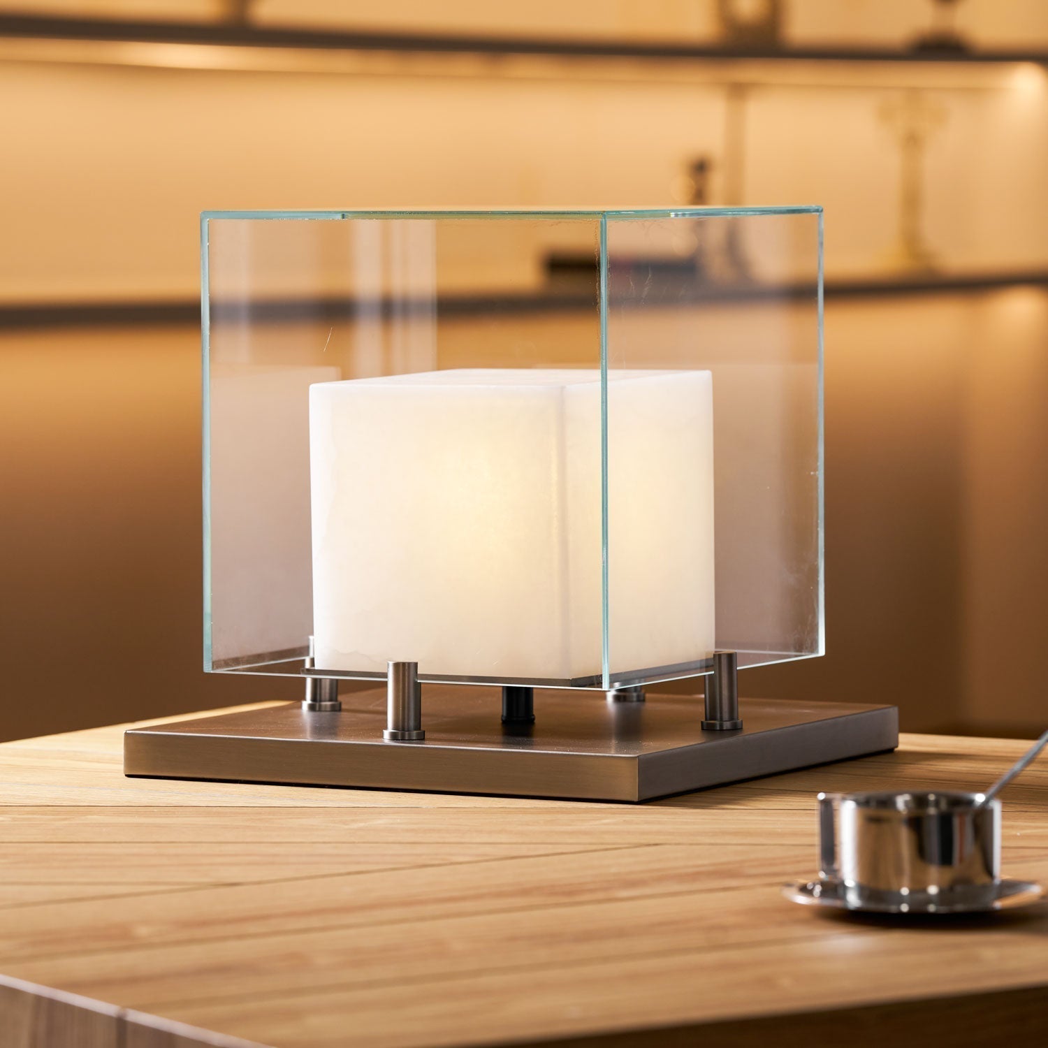 Cube Table Lamp with Glass Enclosure and Metal Base