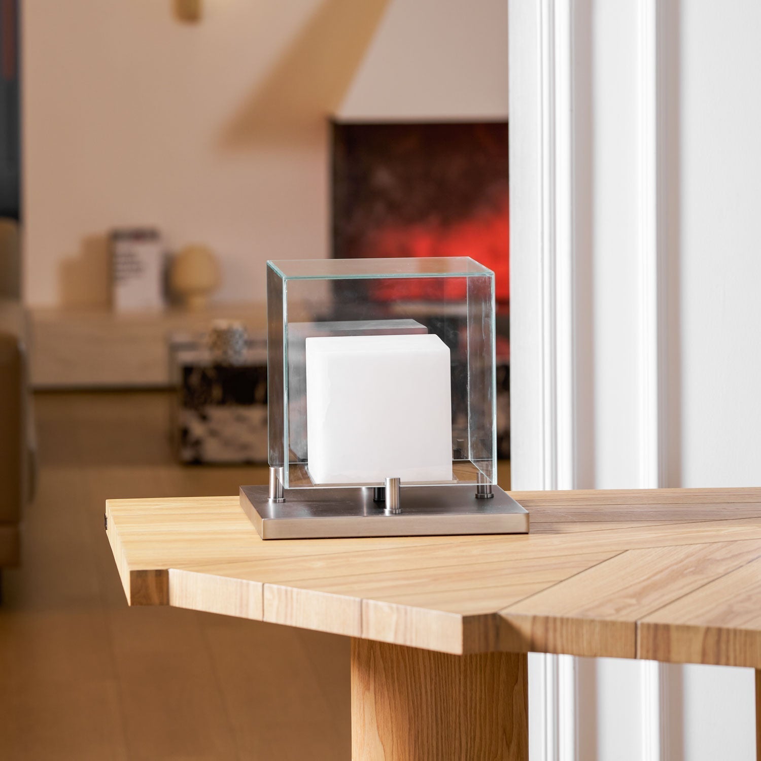 Cube Table Lamp with Glass Enclosure and Metal Base