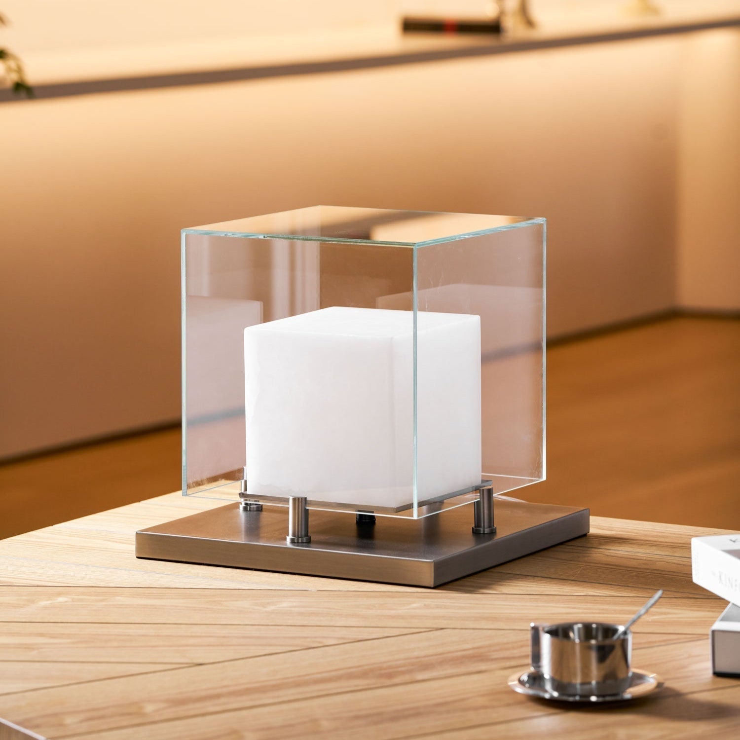 Cube Table Lamp with Glass Enclosure and Metal Base