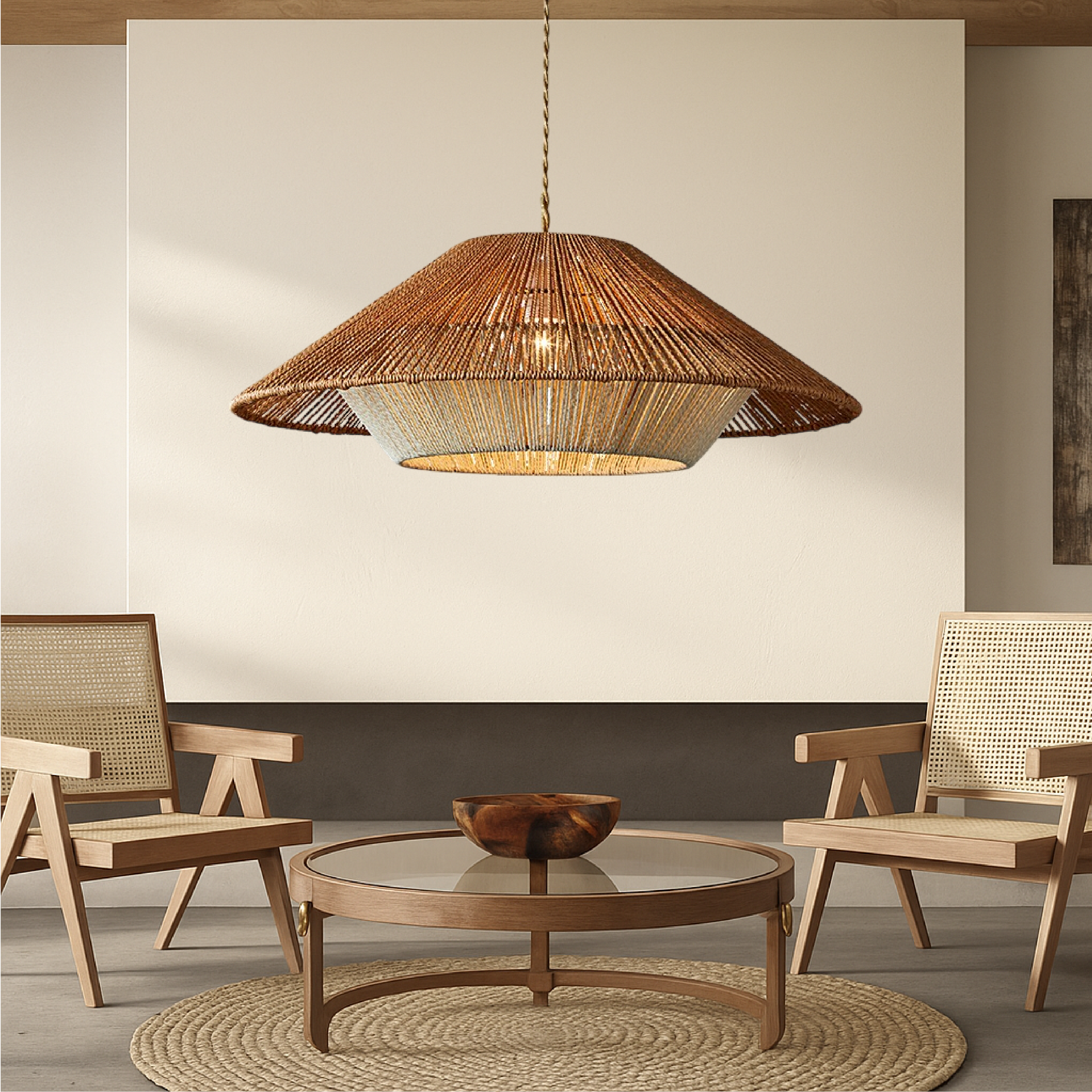 Bamboo woven pendant light with wide conical shade