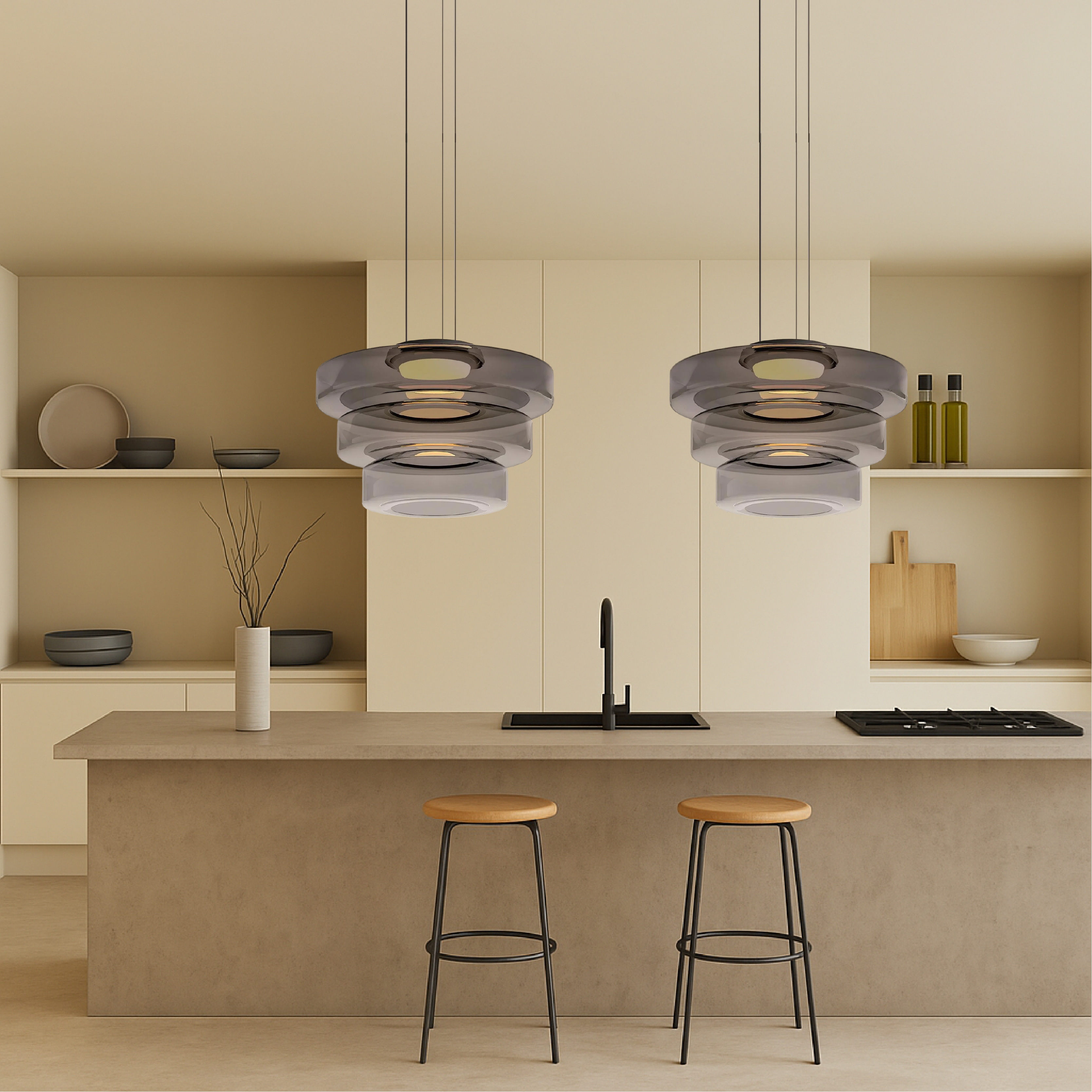 Bauhaus-style layered smoked glass pendant lamp