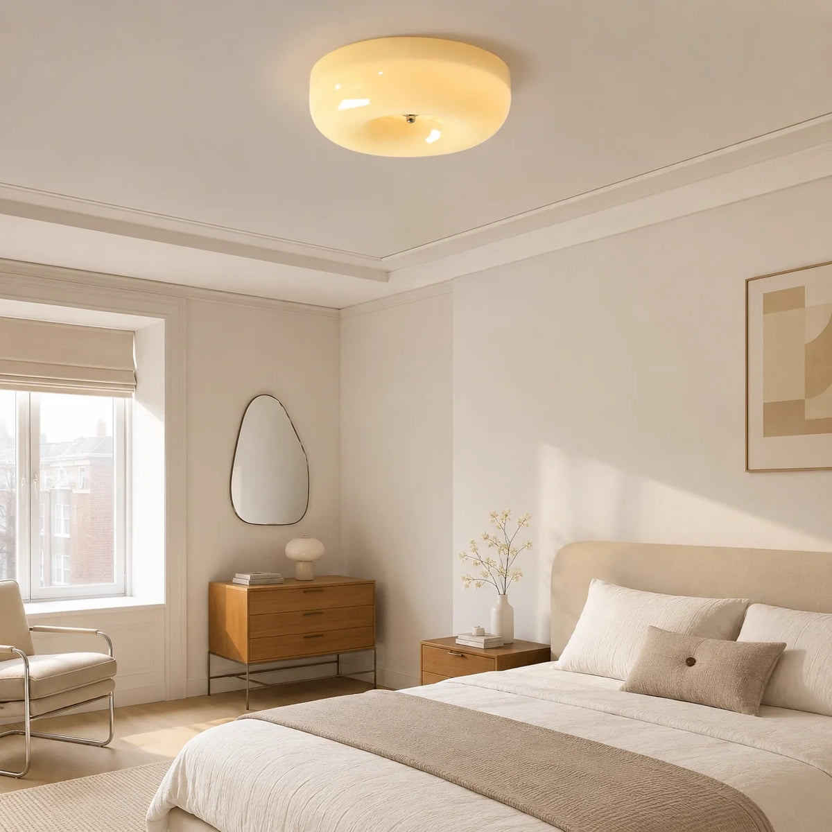 Bauhaus Glass Ceiling Light with Cream Pudding Shade