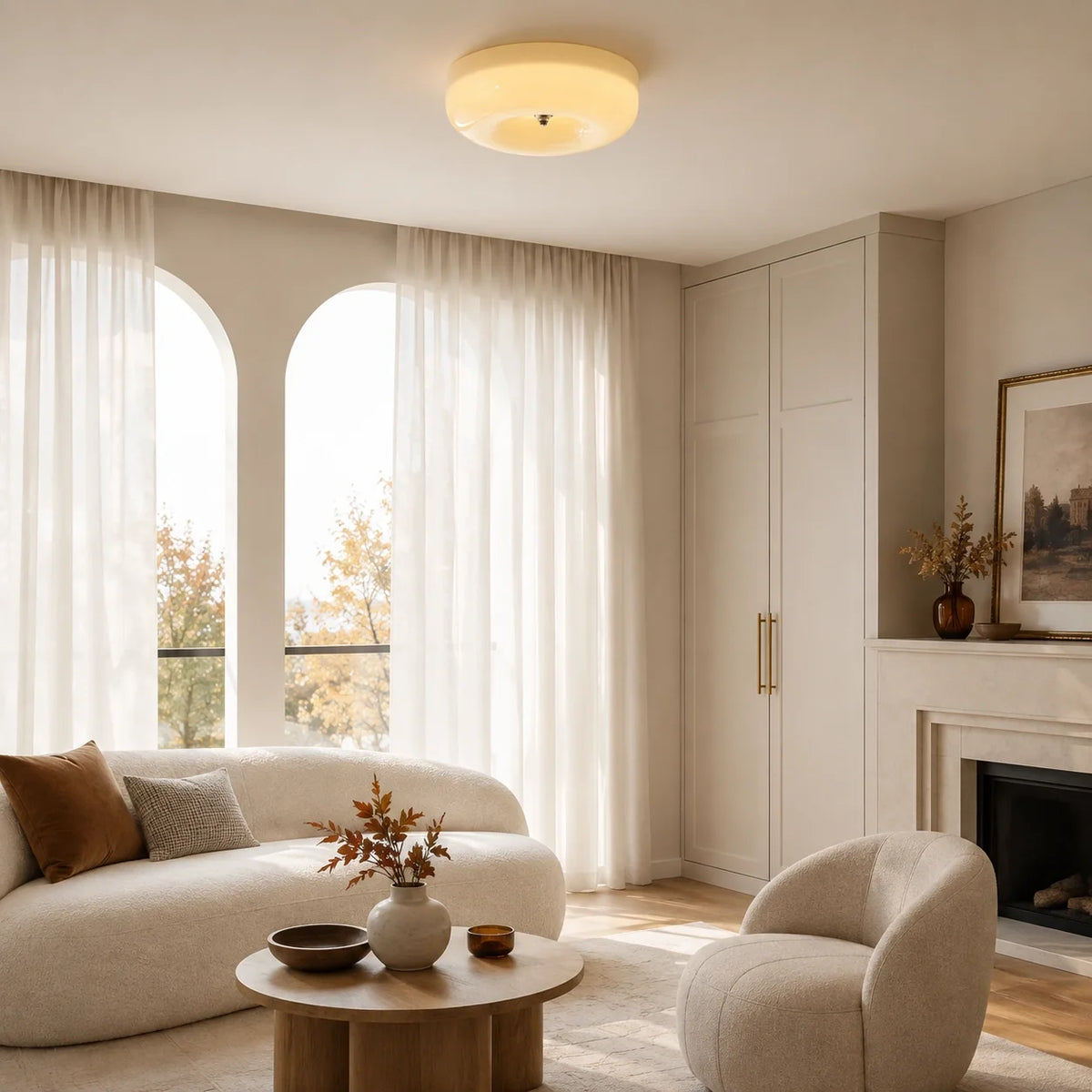 Bauhaus Glass Ceiling Light with Cream Pudding Shade