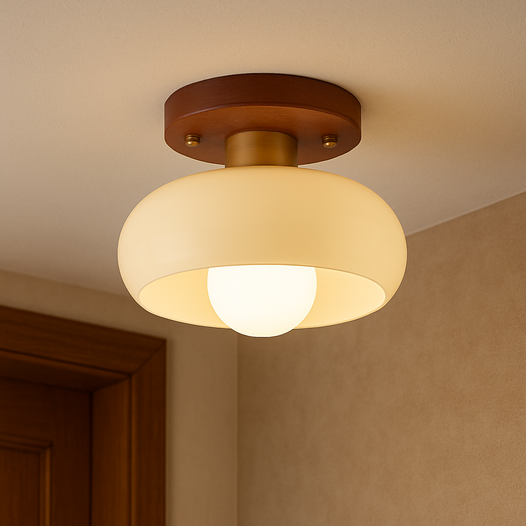 Wood & Cream Glass Flush Mount Ceiling Light