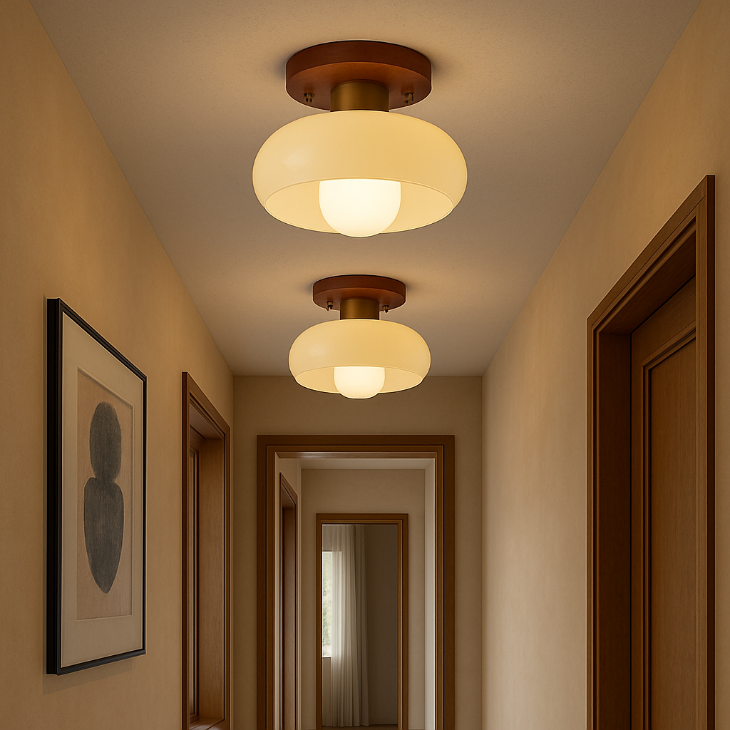 Wood & Cream Glass Flush Mount Ceiling Light