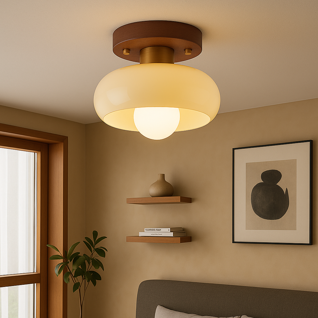 Wood & Cream Glass Flush Mount Ceiling Light