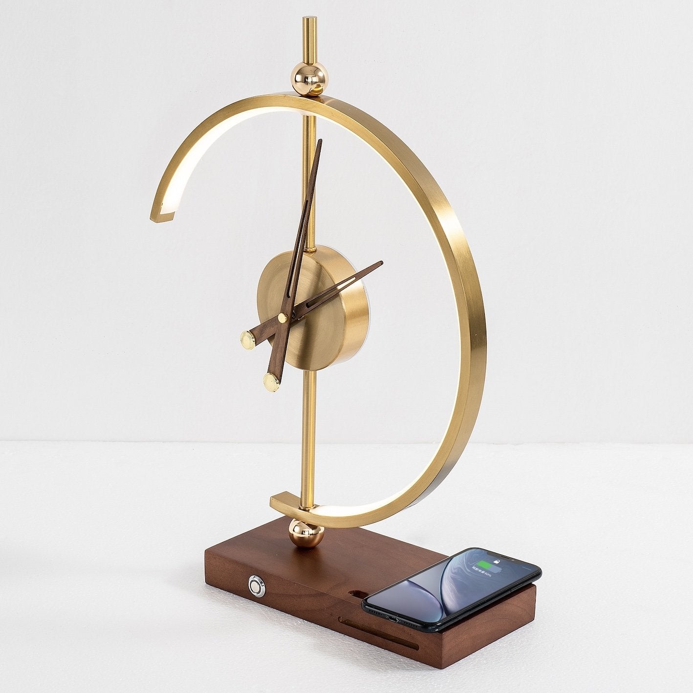LED Table Lamp with Clock and Wooden Base