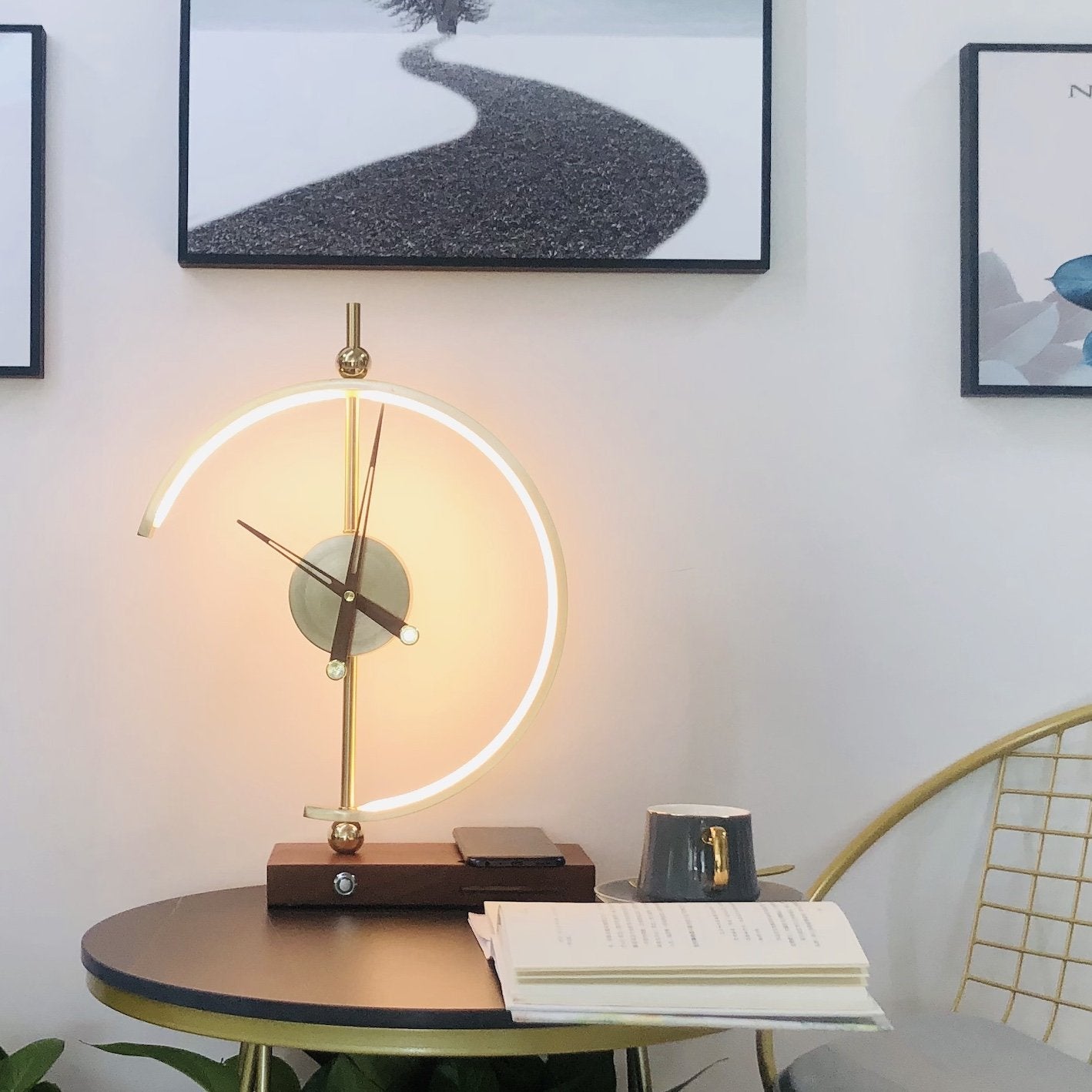 LED Table Lamp with Clock and Wooden Base
