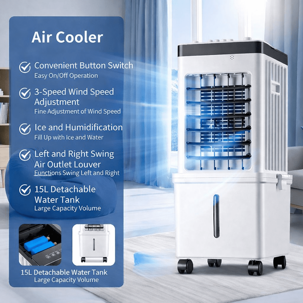 Portable 3-in-1 Evaporative Air Cooler – Cooling, Humidifying & Air Purifying