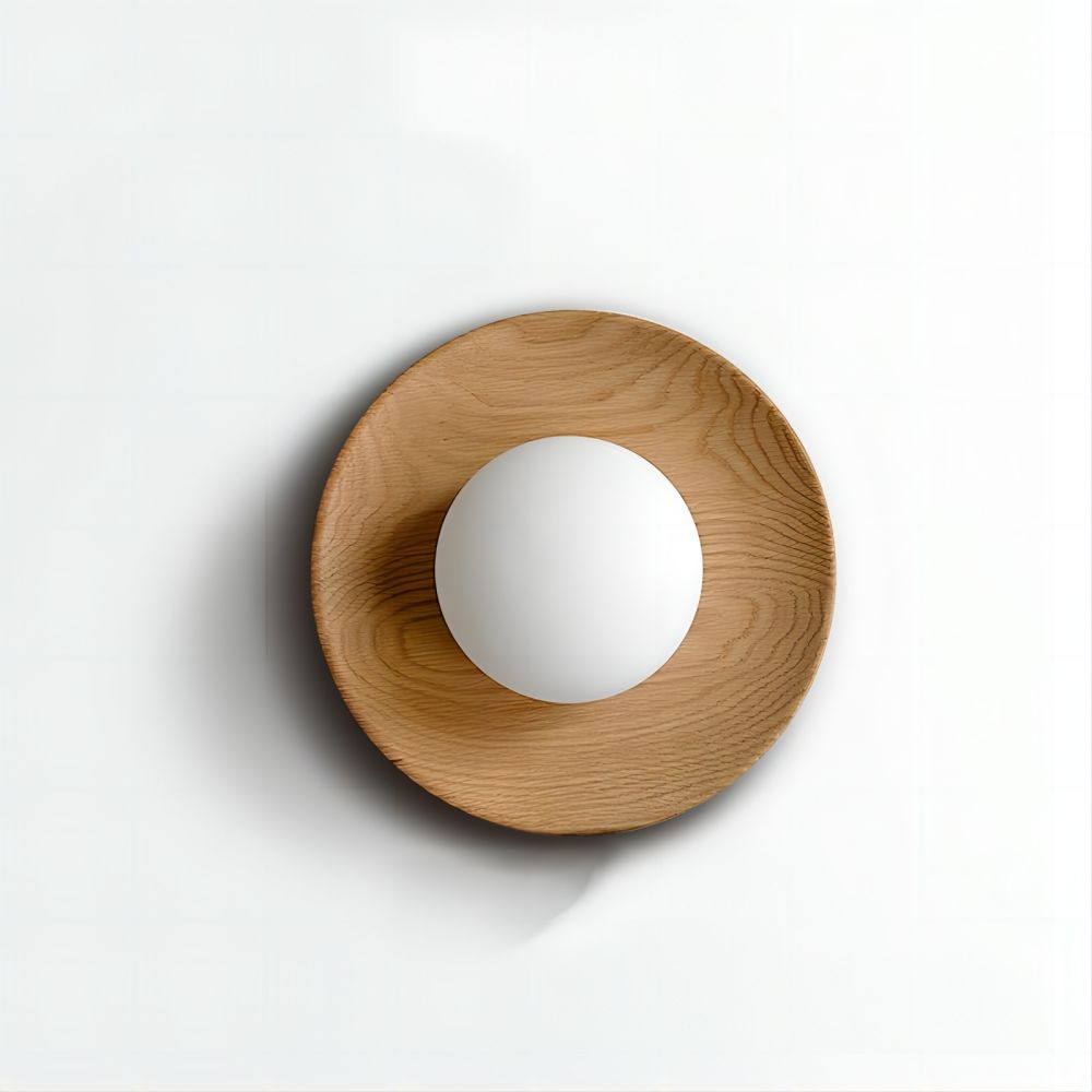 Round Wooden Wall Light with Frosted Globe Shade