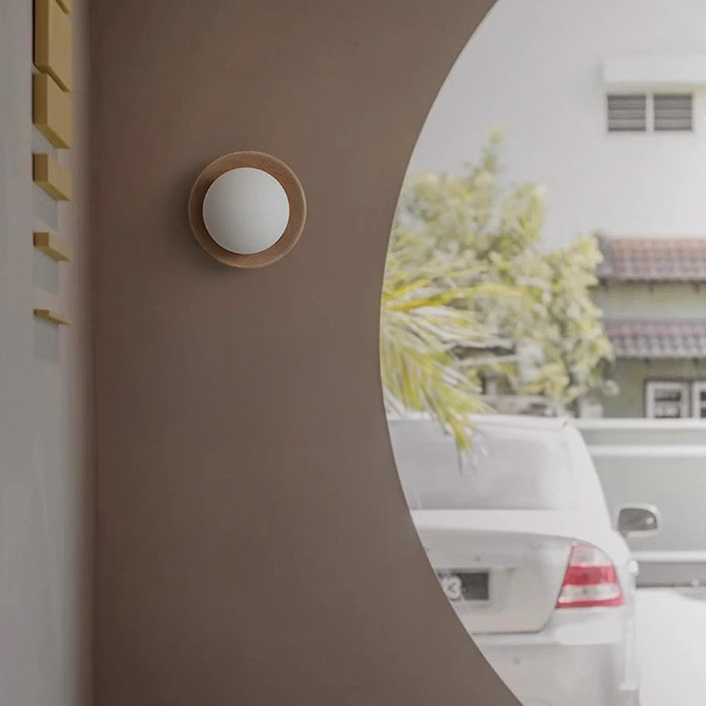 Round Wooden Wall Light with Frosted Globe Shade