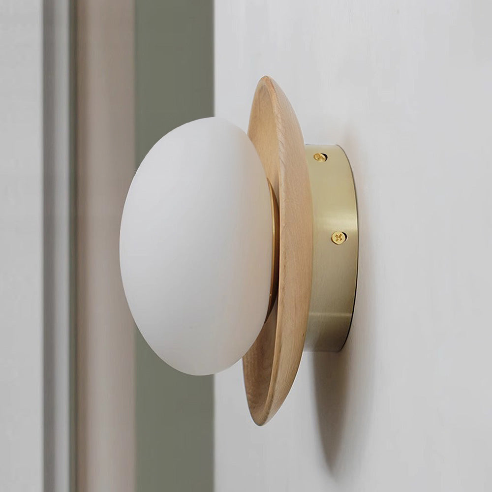 Round Wooden Wall Light with Frosted Globe Shade