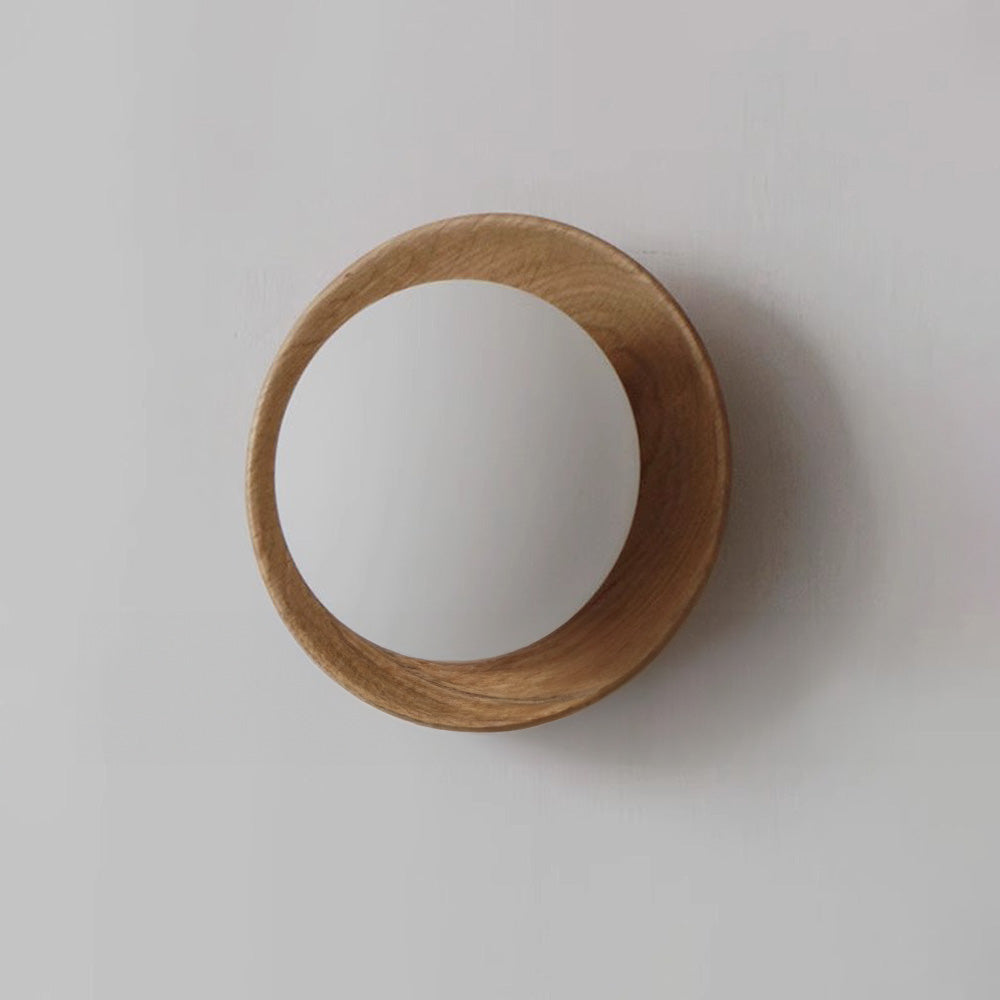 Round Wooden Wall Light with Frosted Globe Shade