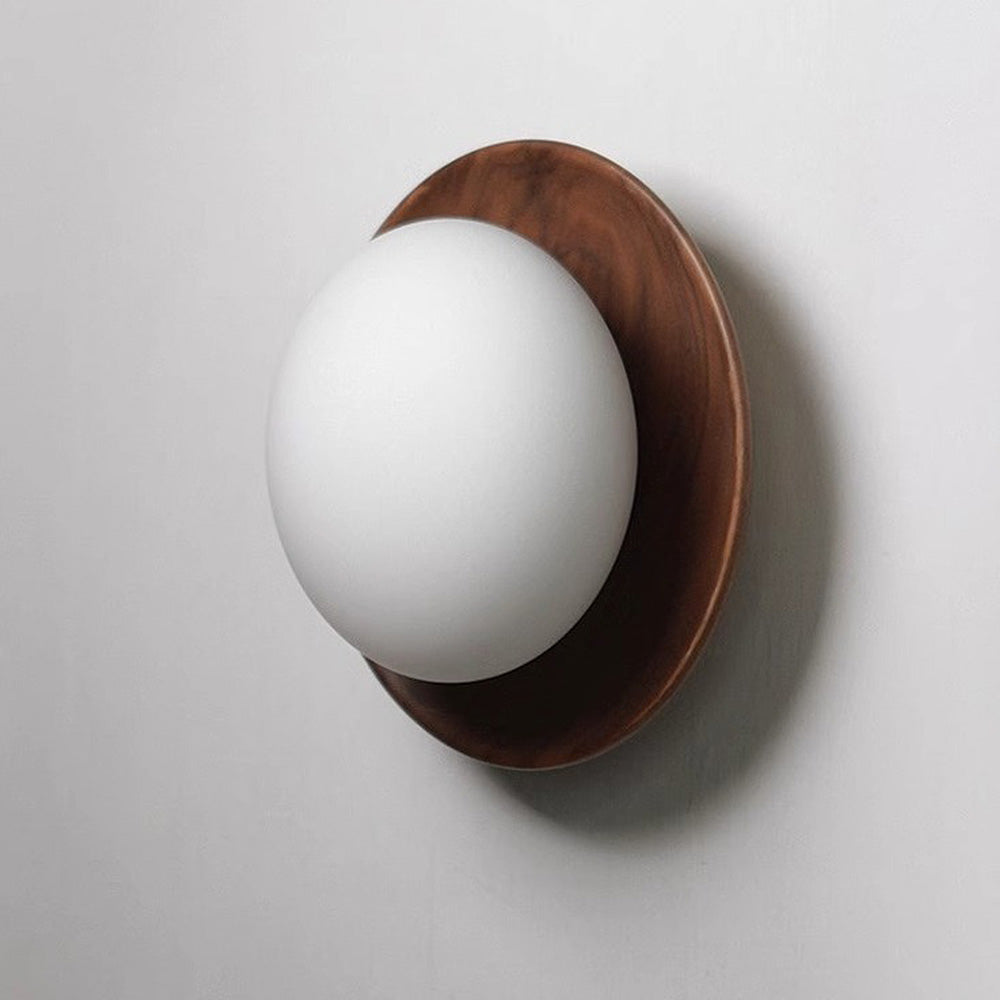 Round Wooden Wall Light with Frosted Globe Shade
