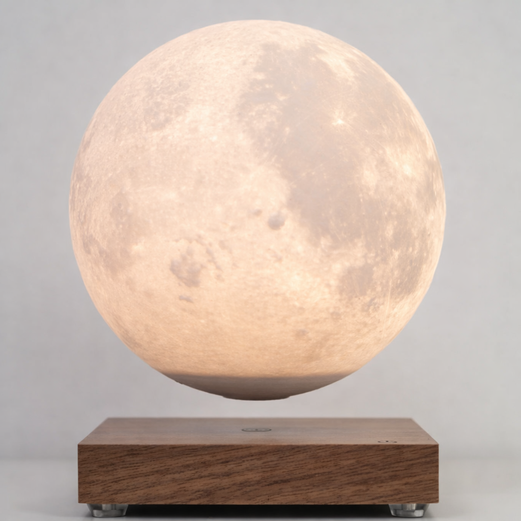 Floating moon shaped light on wooden stand