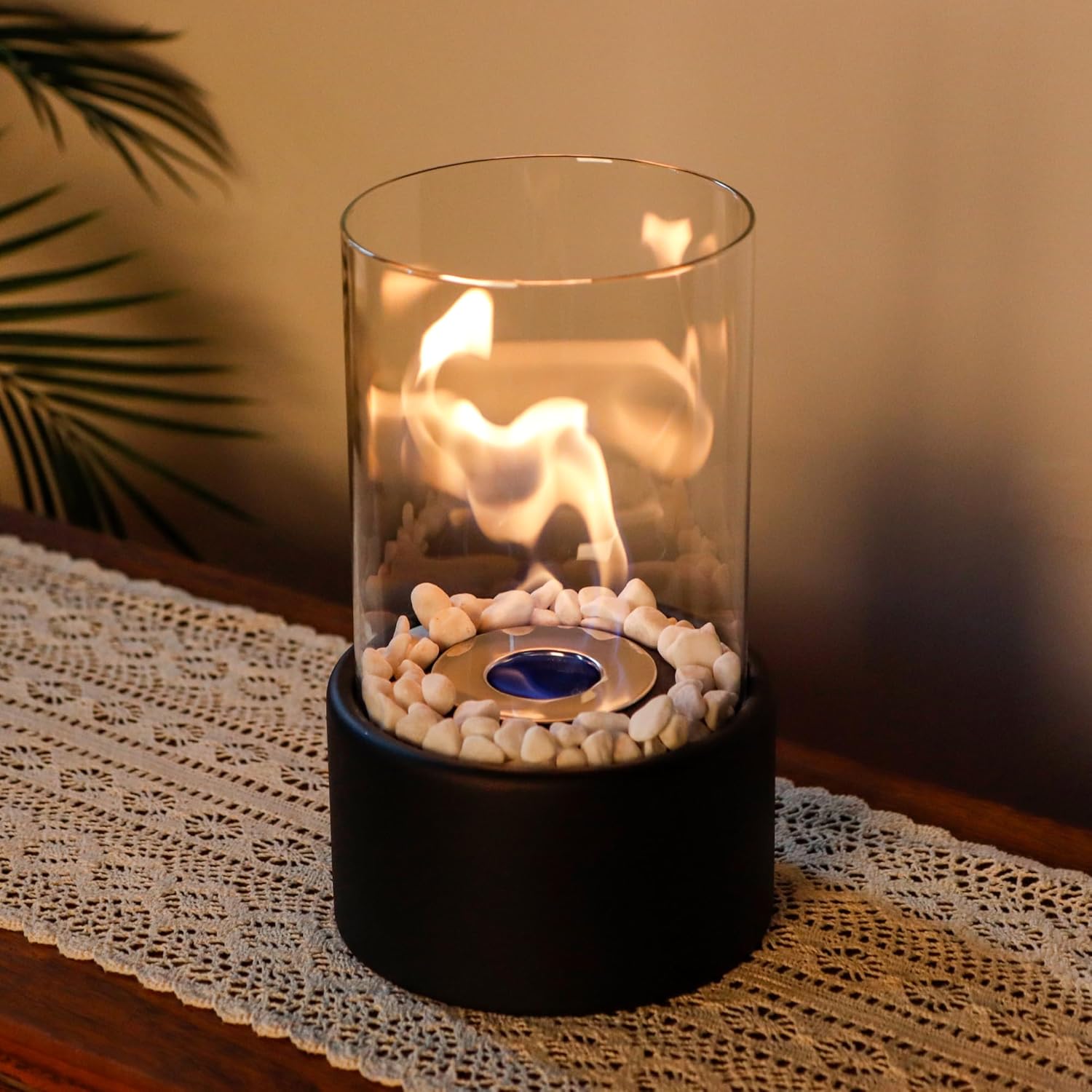 Tabletop Bio ethanol Fireplace with Glass Cylinder and Metal Base