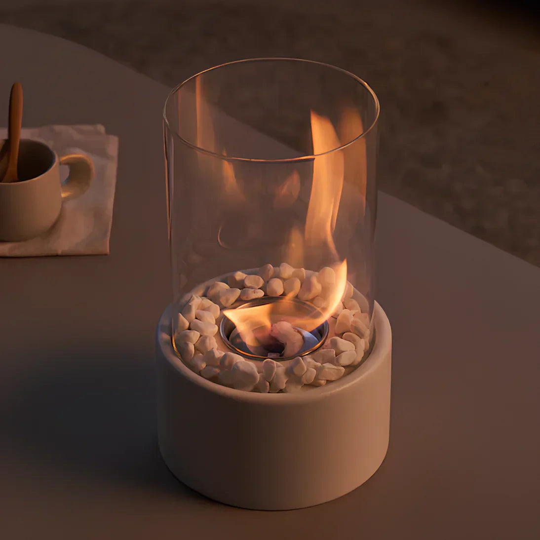 Tabletop Bio ethanol Fireplace with Glass Cylinder and Metal Base