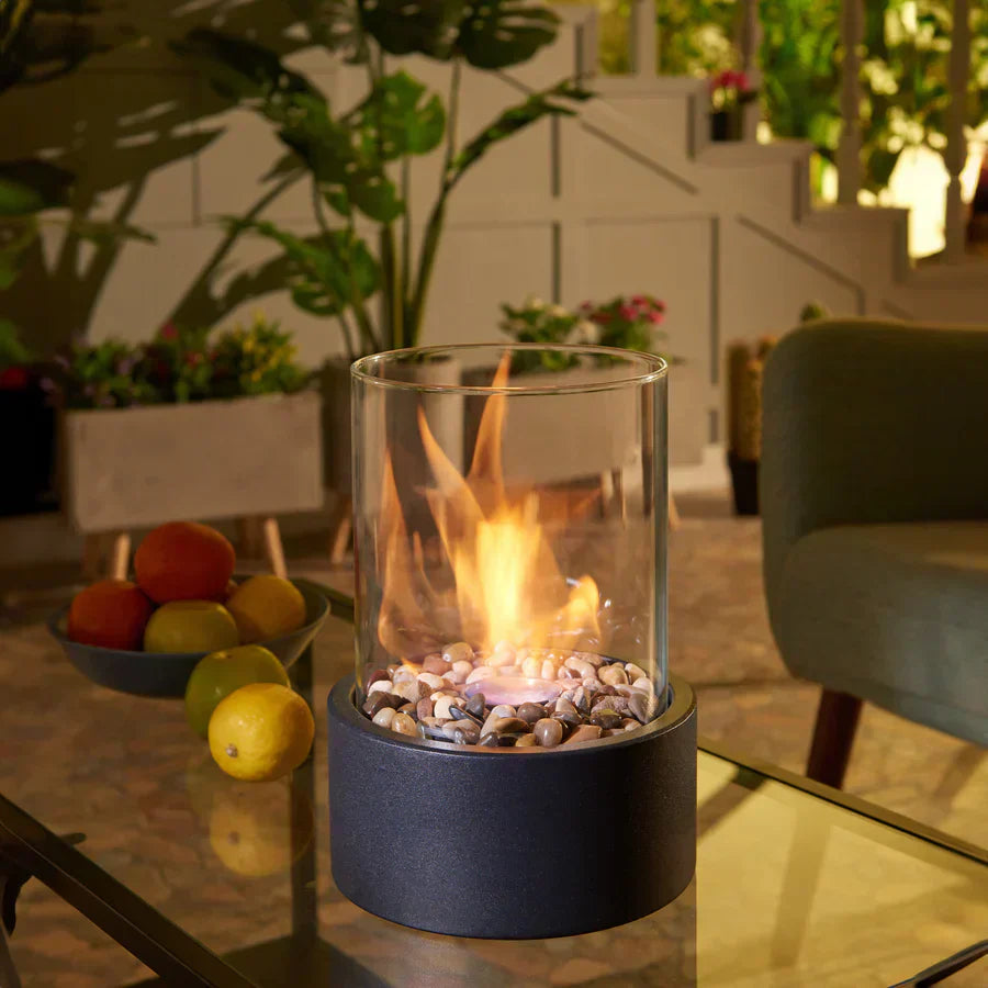 Tabletop Bio ethanol Fireplace with Glass Cylinder and Metal Base