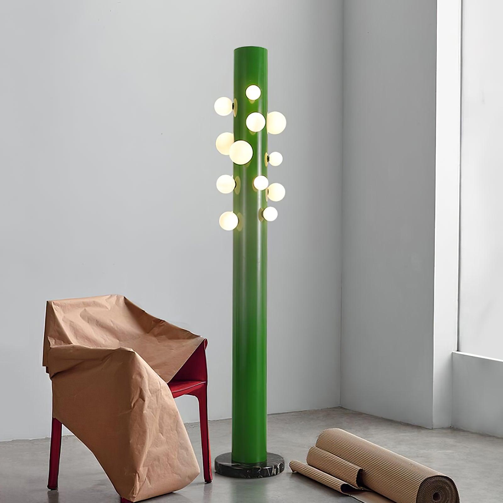 Green Floor Lamp with Vertical Column and Globe Lights