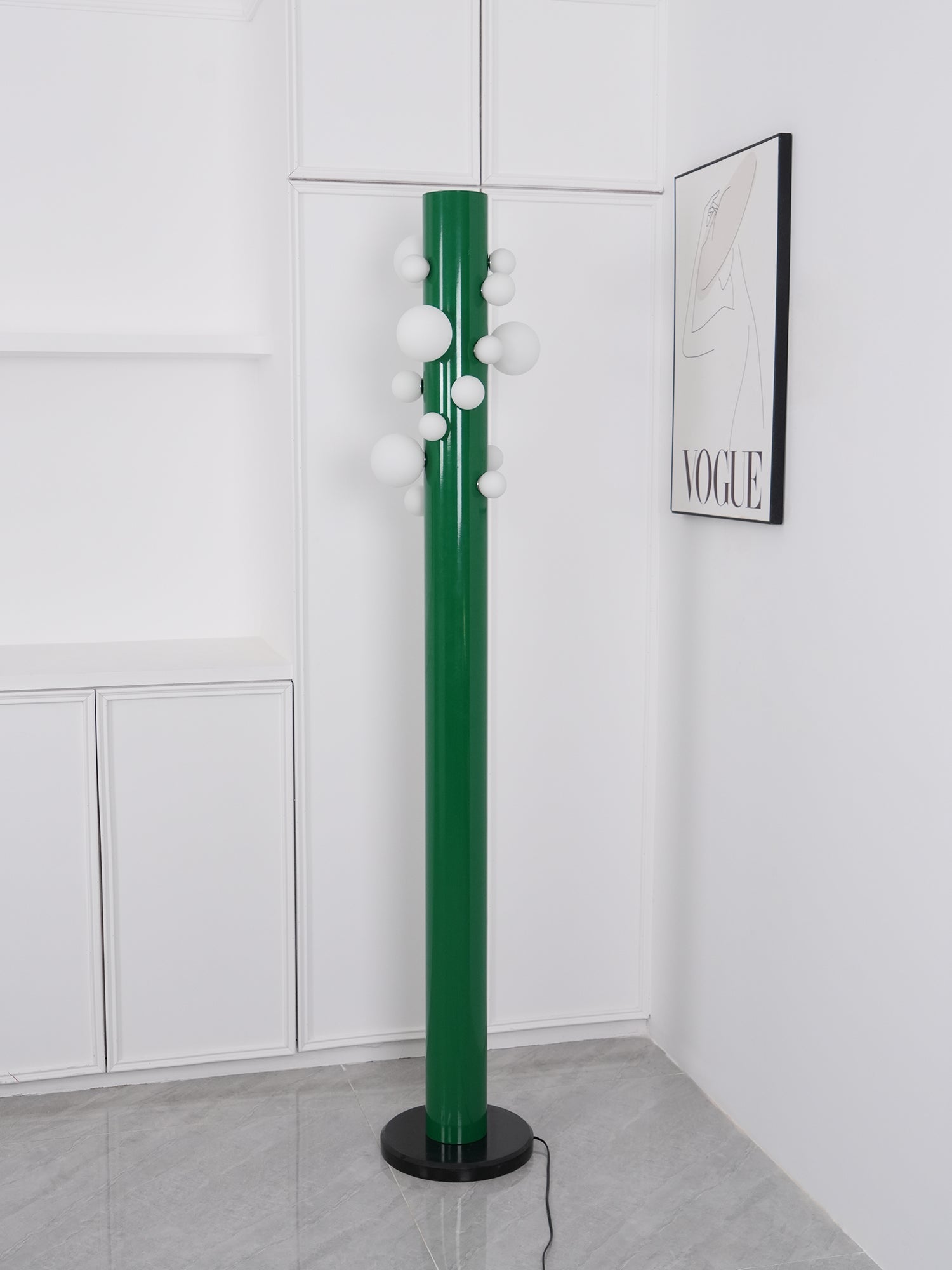 Green Floor Lamp with Vertical Column and Globe Lights