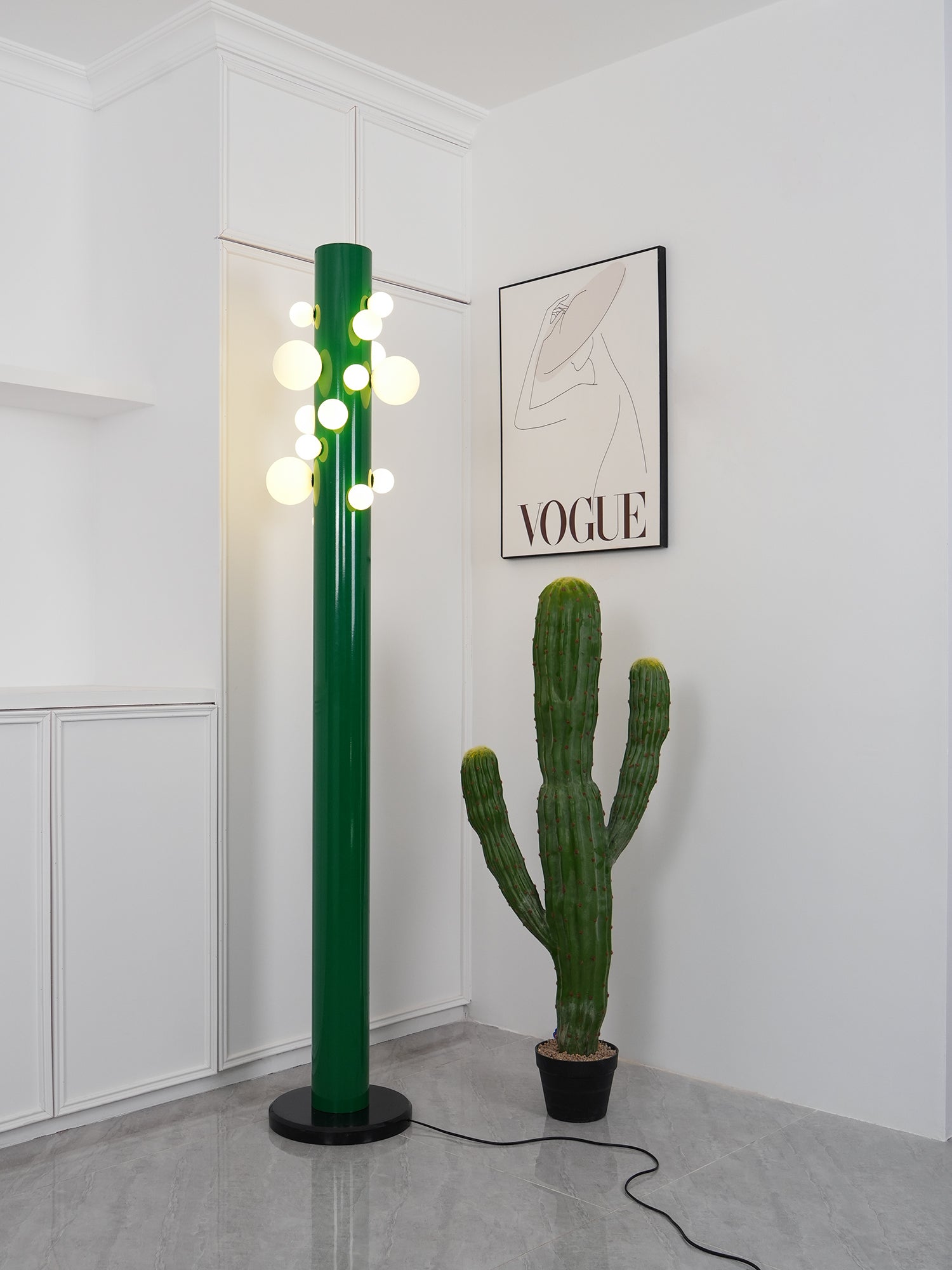 Green Floor Lamp with Vertical Column and Globe Lights