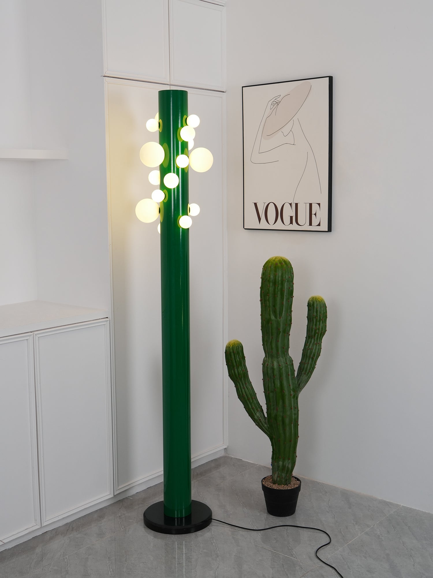 Green Floor Lamp with Vertical Column and Globe Lights