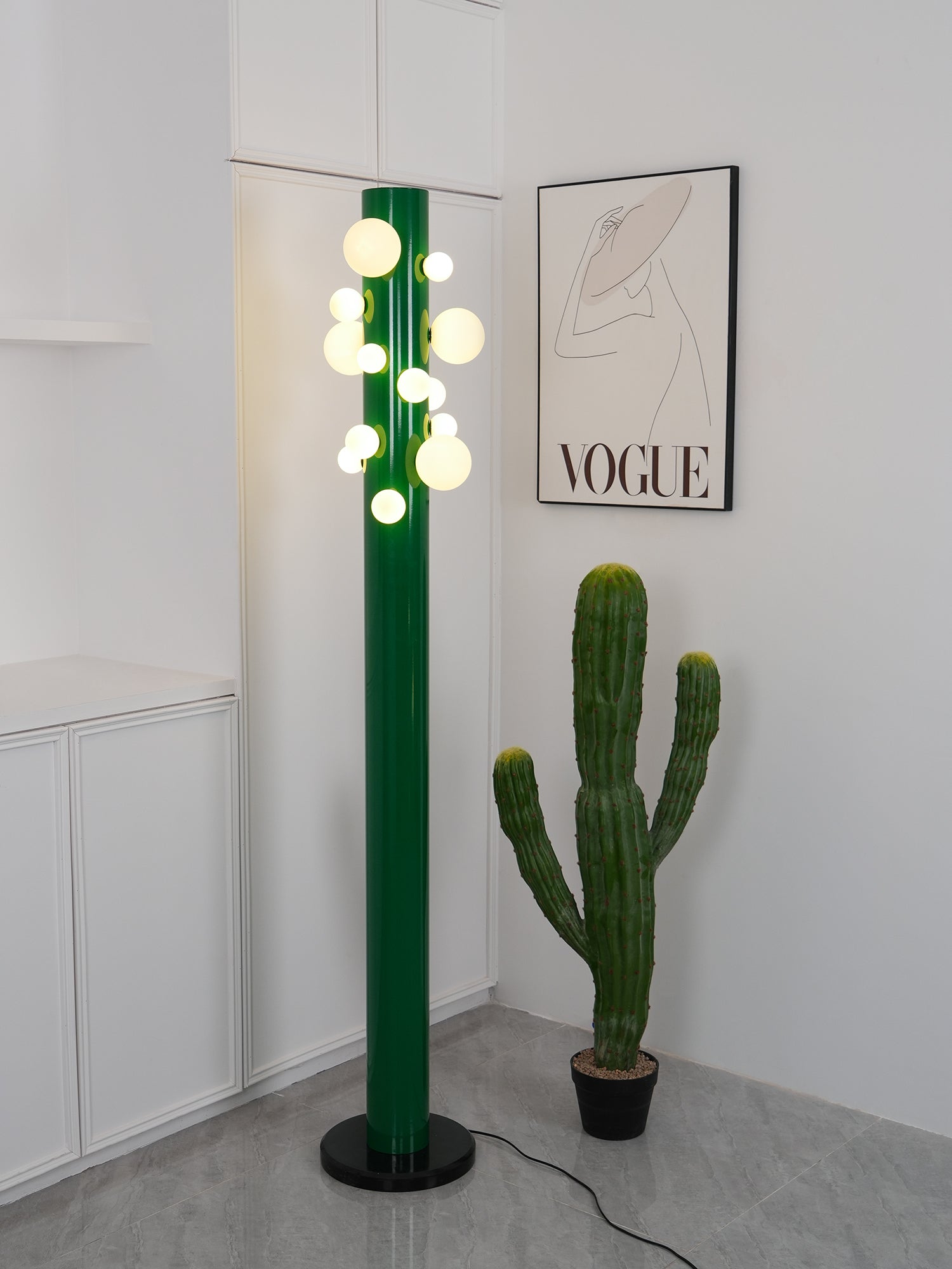 Green Floor Lamp with Vertical Column and Globe Lights