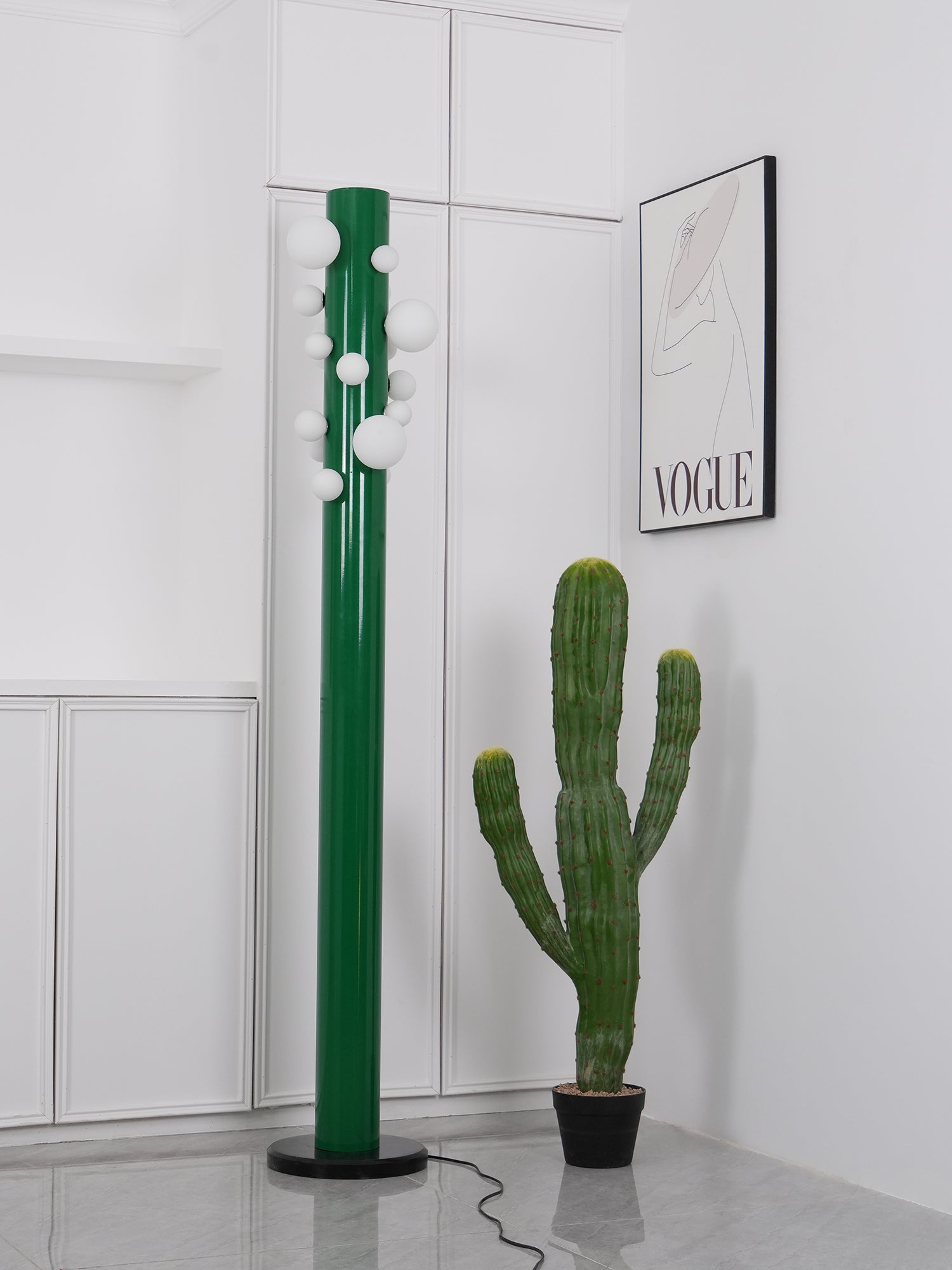 Green Floor Lamp with Vertical Column and Globe Lights