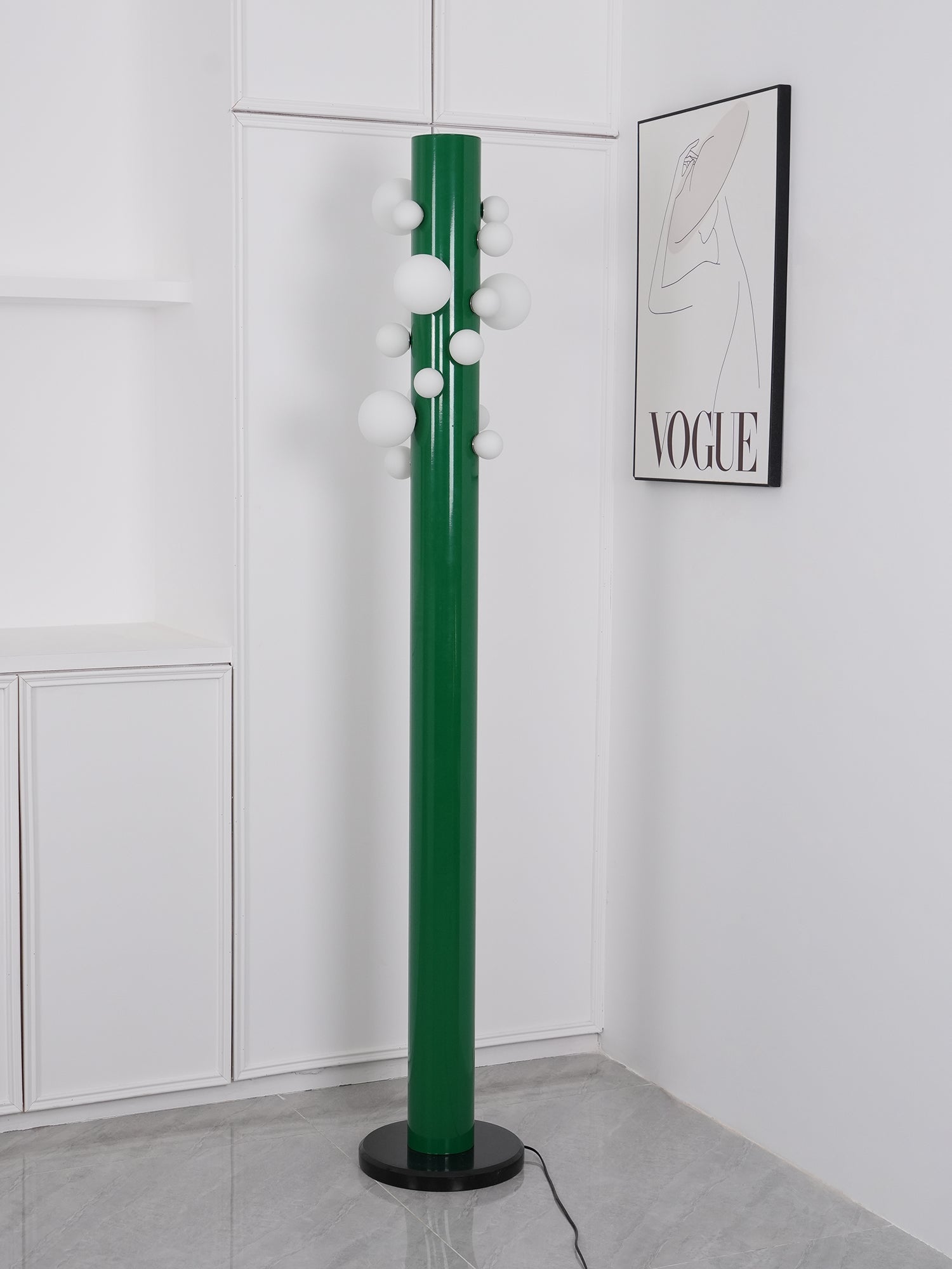 Green Floor Lamp with Vertical Column and Globe Lights