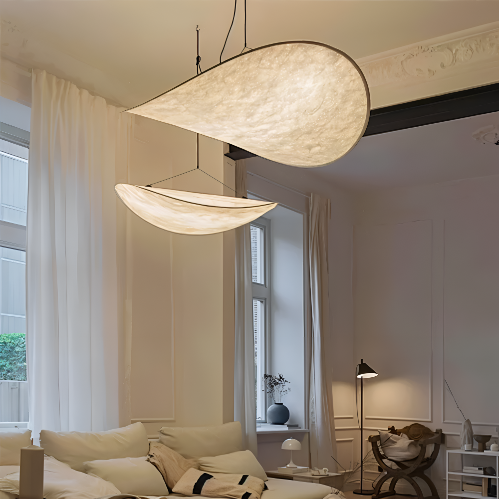 Hanging LED ceiling lamp with wave shaped panel