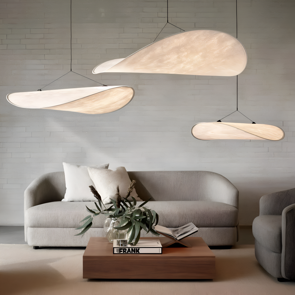 Hanging LED ceiling lamp with wave shaped panel
