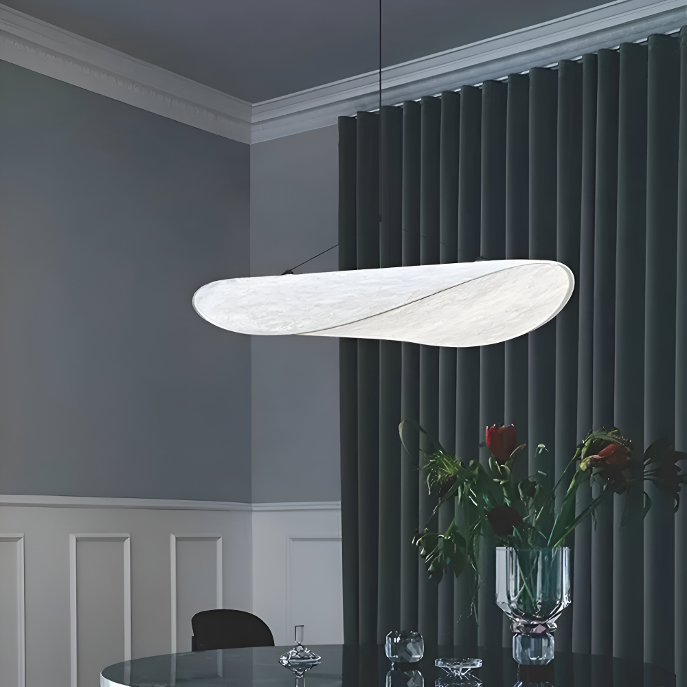 Hanging LED ceiling lamp with wave shaped panel