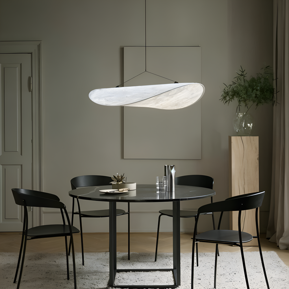 Hanging LED ceiling lamp with wave shaped panel