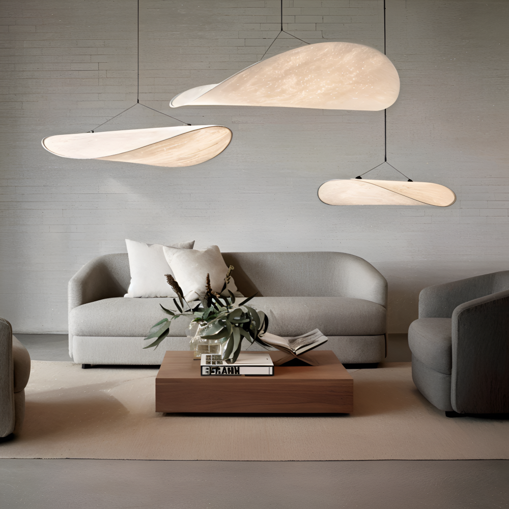 Hanging LED ceiling lamp with wave shaped panel