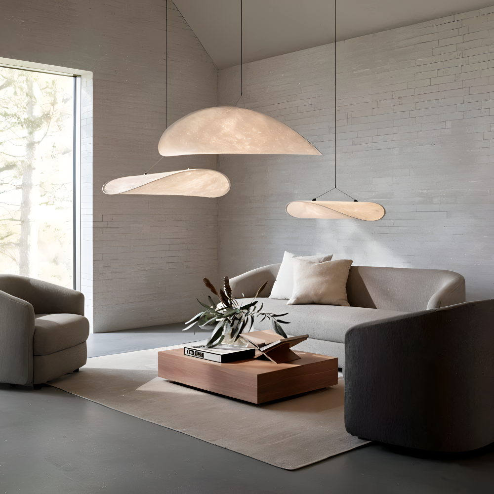 Hanging LED ceiling lamp with wave shaped panel