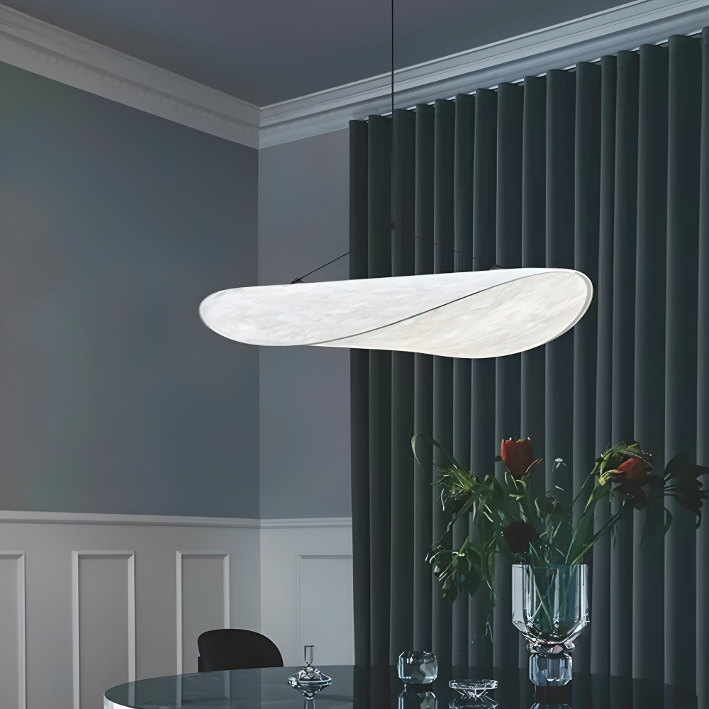 Hanging LED ceiling lamp with wave shaped panel