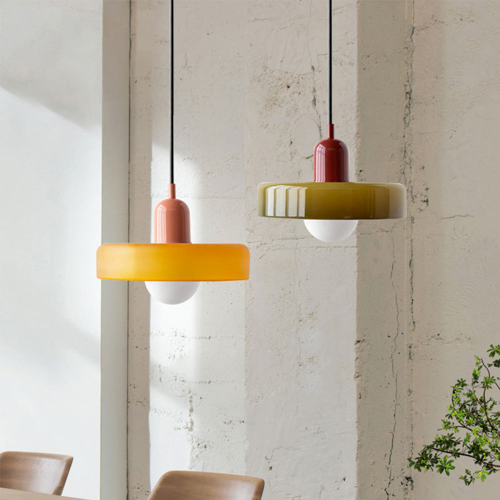 Hanging glass ceiling lamp with annular ring shade