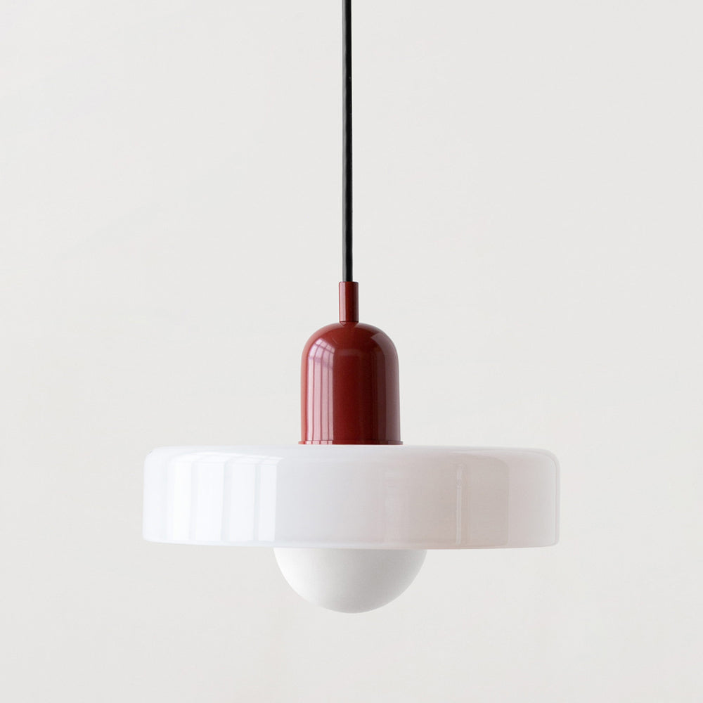 Hanging glass ceiling lamp with annular ring shade