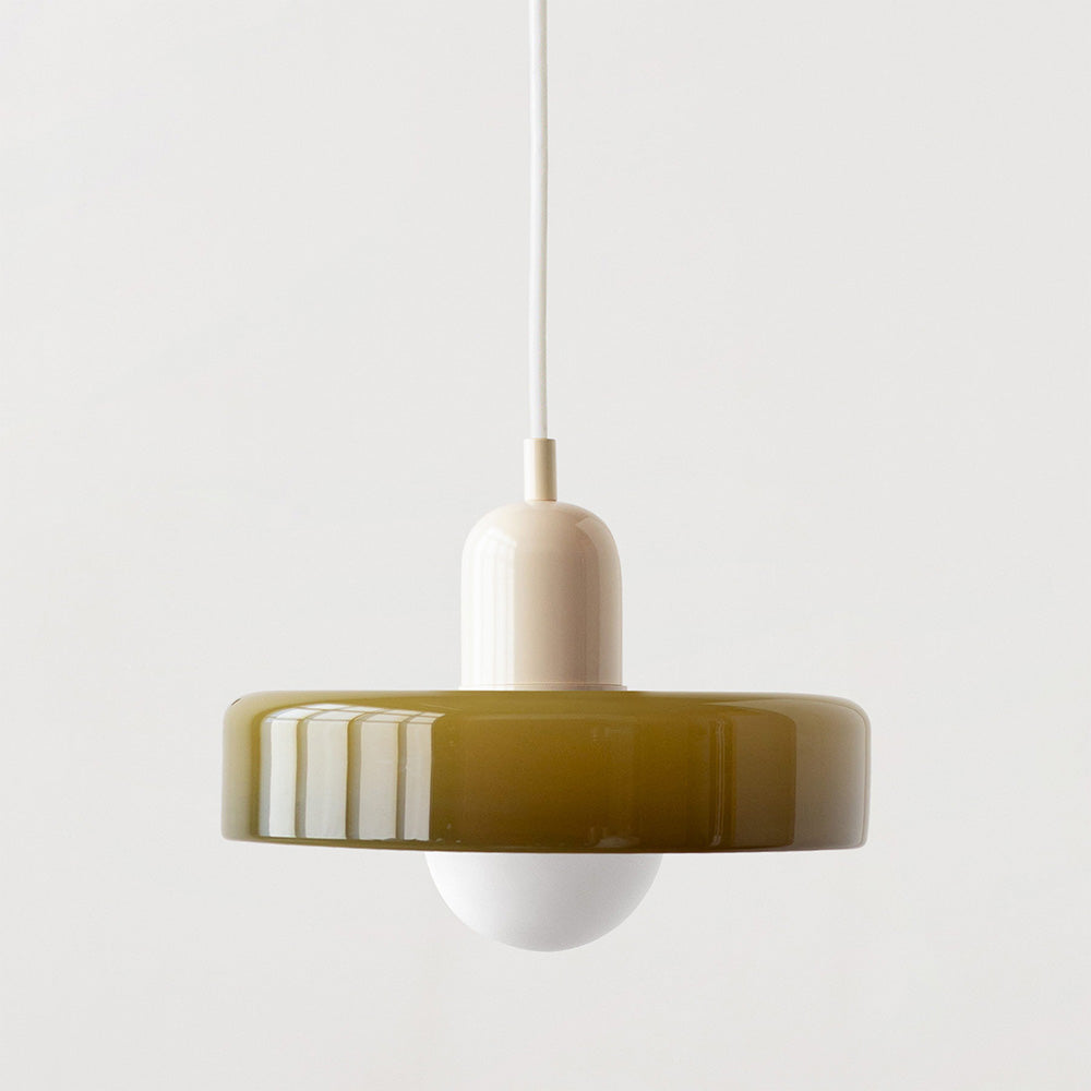 Hanging glass ceiling lamp with annular ring shade