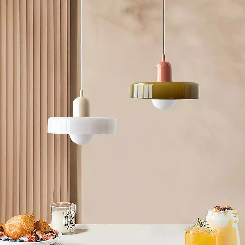 Hanging glass ceiling lamp with annular ring shade
