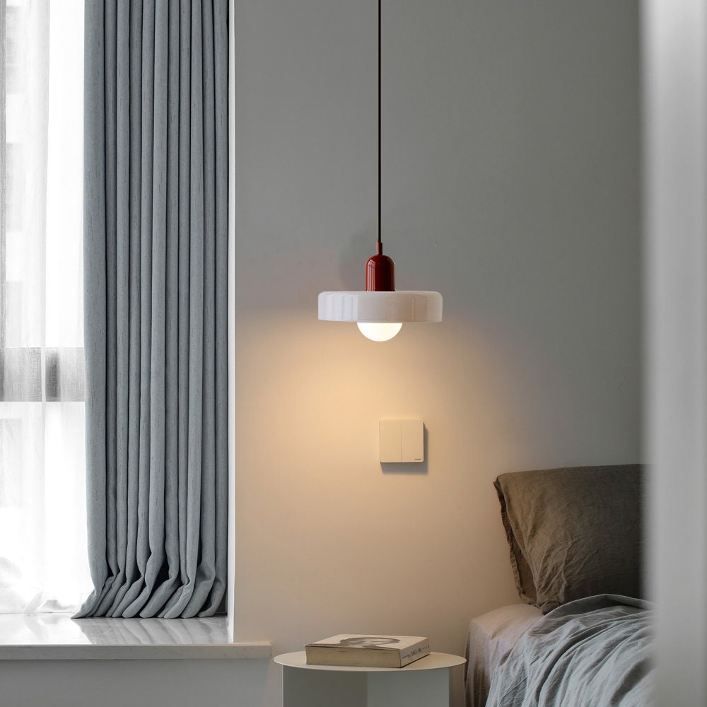 Hanging glass ceiling lamp with annular ring shade
