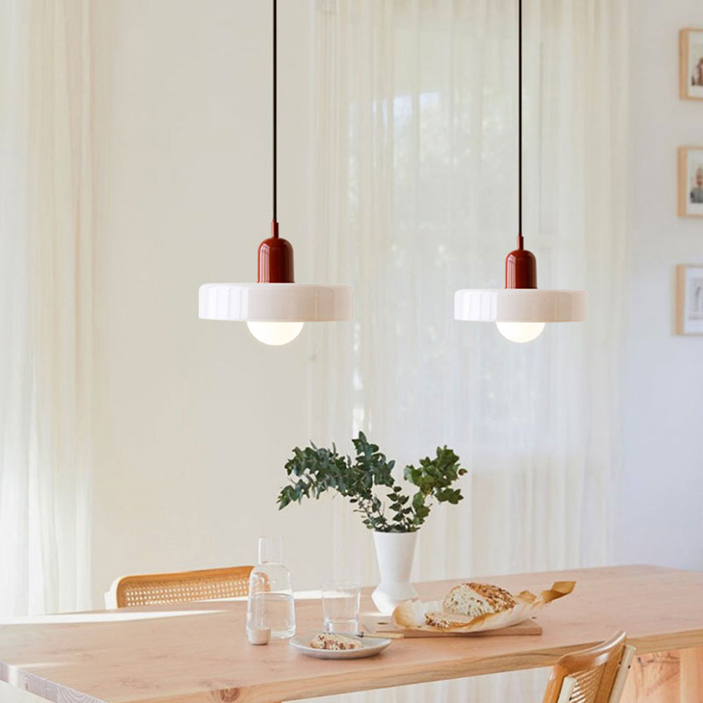 Hanging glass ceiling lamp with annular ring shade