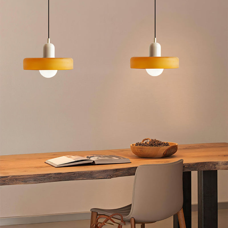 Hanging glass ceiling lamp with annular ring shade