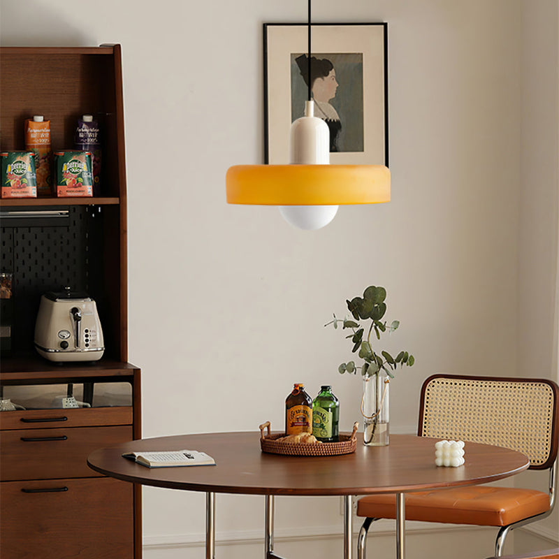 Hanging glass ceiling lamp with annular ring shade