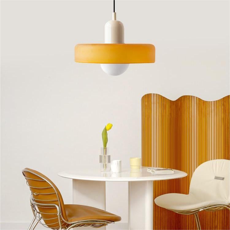 Hanging glass ceiling lamp with annular ring shade