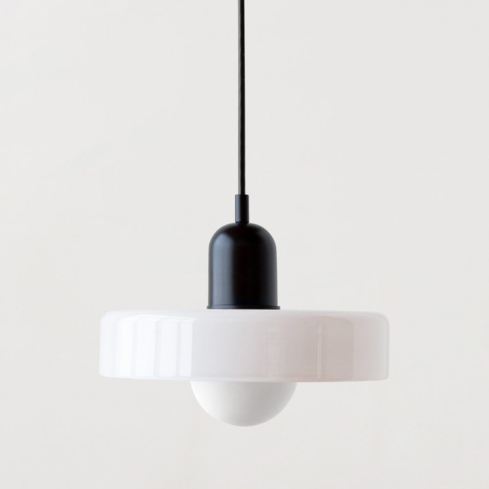Hanging glass ceiling lamp with annular ring shade