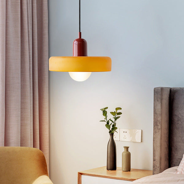 Hanging glass ceiling lamp with annular ring shade