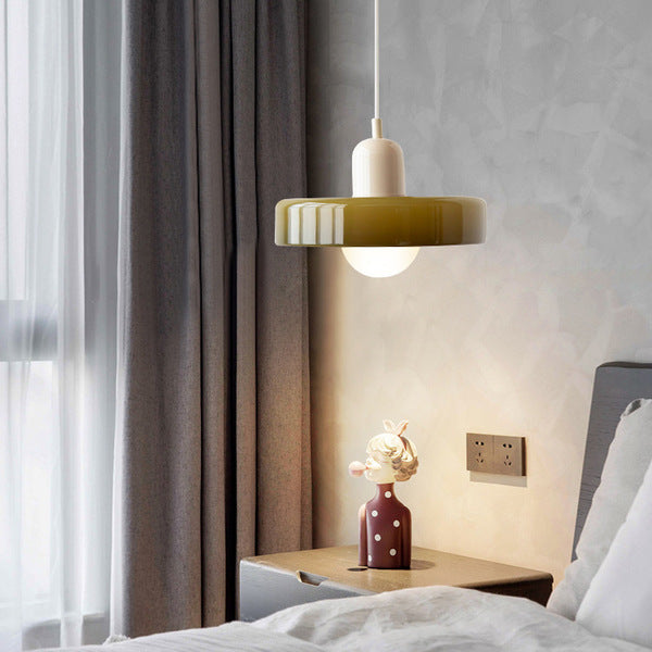 Hanging glass ceiling lamp with annular ring shade