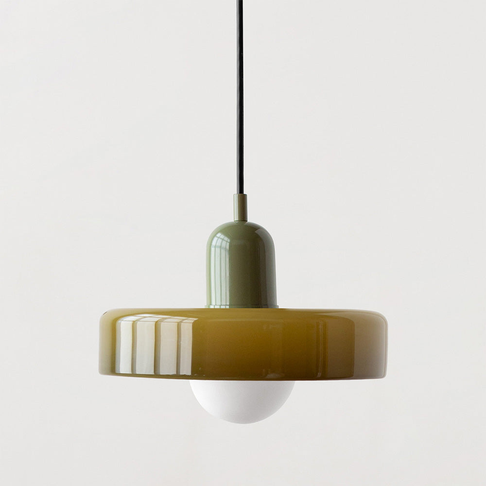 Hanging glass ceiling lamp with annular ring shade